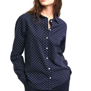 Prince & Fox Polka Dot Navy Blue Preppy Casual Oxford Button Down Women Size XS